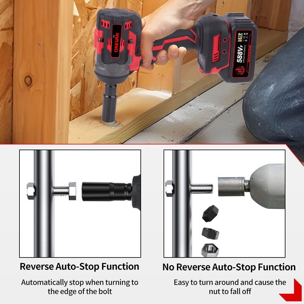 Llave de impacto inalámbrica ONEVAN de 1/2" y 1200 N·m sin escobillas, con 2 baterías y juego de 12 vasos