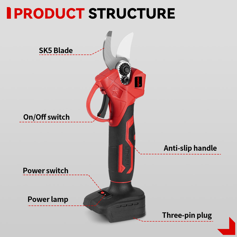 Tijeras de podar eléctricas sin escobillas de 2 velocidades y 30 mm de ONEVAN | Para batería Makita de 18 V