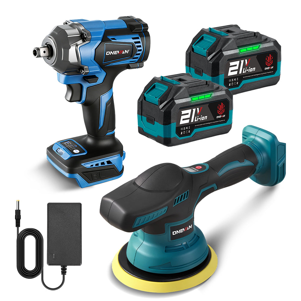 ONEVAN 1/2" 1200N·m Brushless Impact Wrench & Polishing Machine 2‑Pc. Combo Kit 3.0Ah
