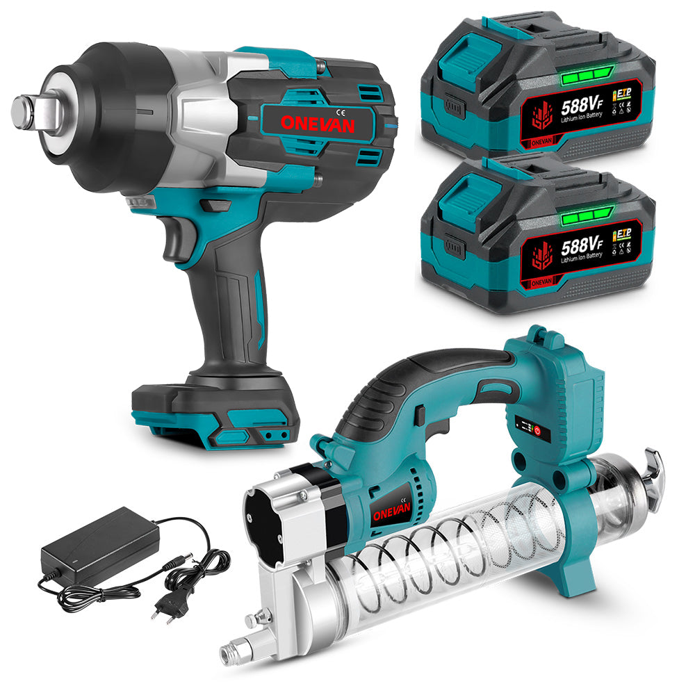 ONEVAN 3/4" 3500N·m Impact Wrench & 10000PSL Grease Gun Brushless Cordless 2‑Pc. Combo Kit 6.0Ah