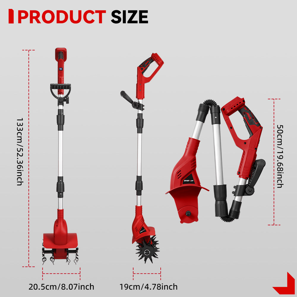 ONEVAN Cordless Brushless Tiller – 3-Fold Design | Dual Blades | LED Display | For Makita 18V Battery