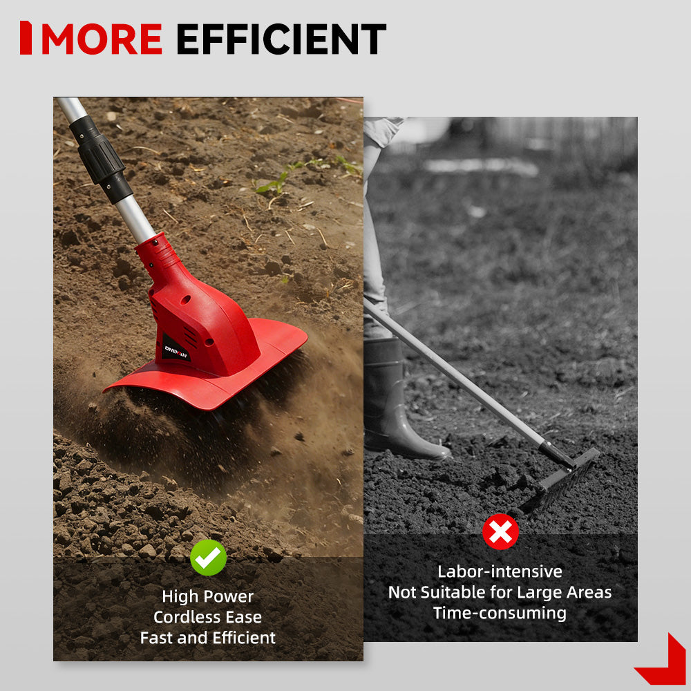 ONEVAN Cordless Brushless Tiller – 3-Fold Design | Dual Blades | LED Display | For Makita 18V Battery