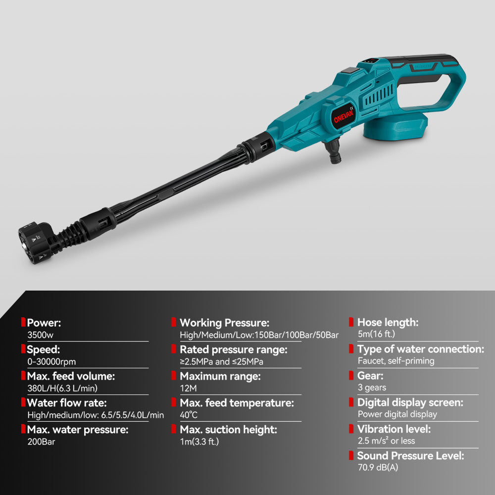 Lavadora de alta pressão elétrica sem fio ONEVAN 3500W 200Bar | Para bateria Makita de 18V