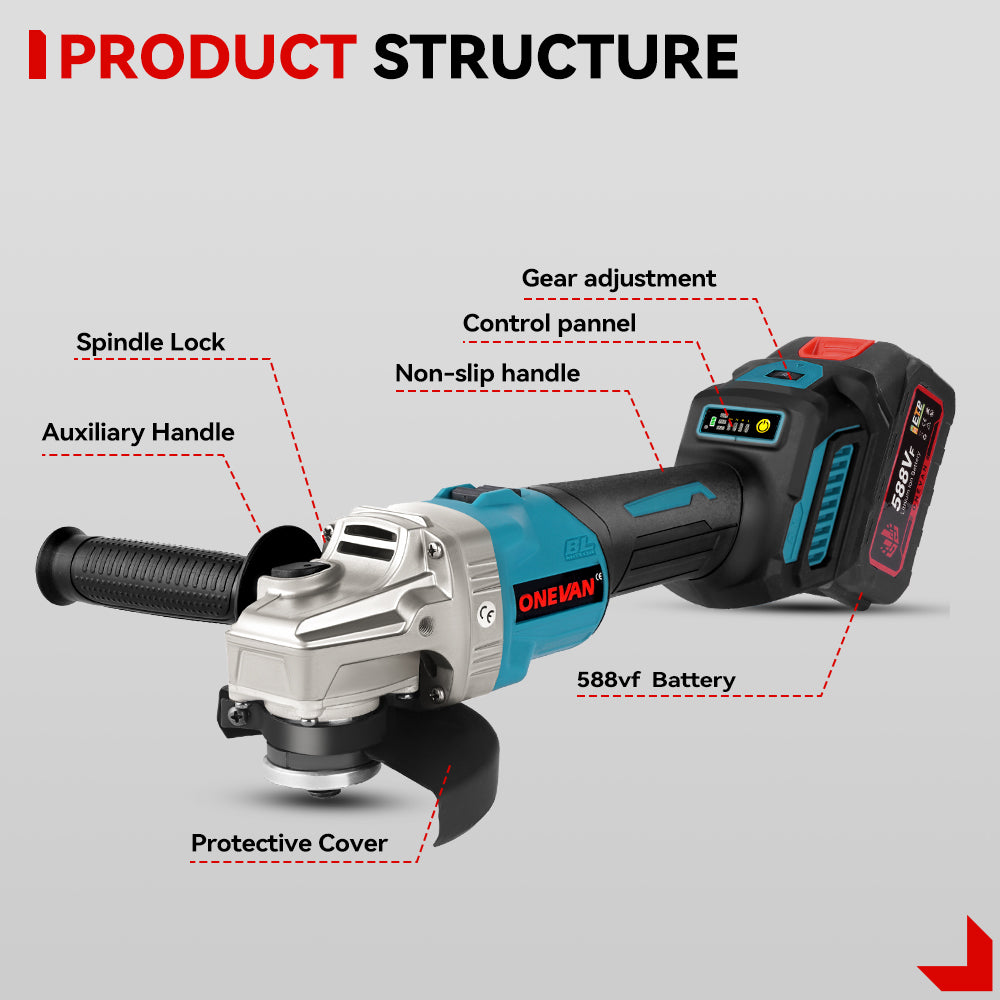 ONEVAN 125mm Brushless Cordless Angle Grinder 6 Gears | For Makita 18V Battery
