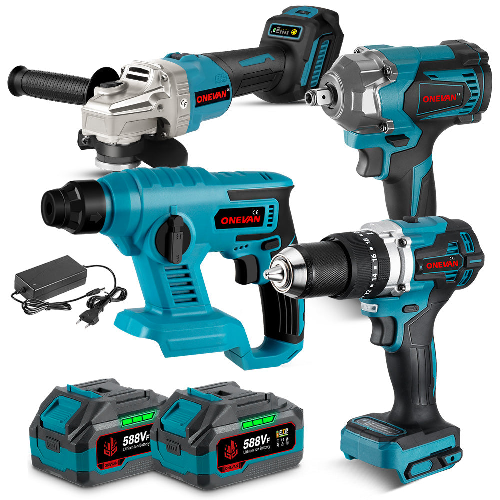 ONEVAN 1/2" 1200N·m Impact Wrench & 125mm Grinder & 13mm Drill & Hammer Drill Brushless Cordless 4‑Pc. Combo Kit 6.0Ah